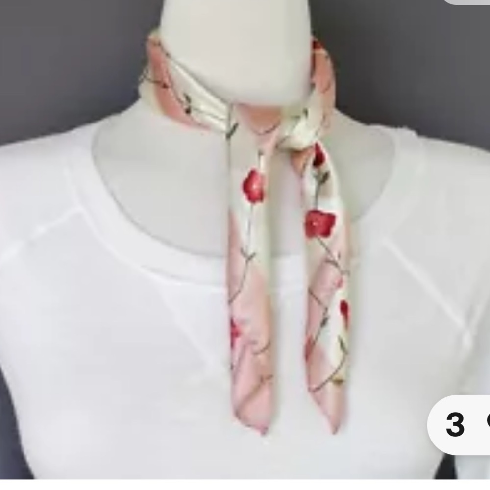 Pink cherry‎ blossom floral scarf Satin silky square neck hair headband kerchief